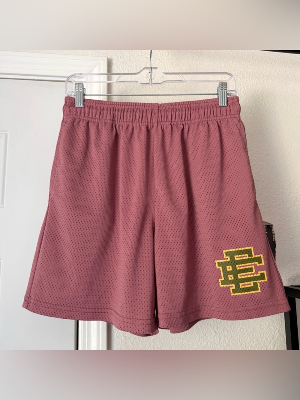 ERIC EMANUEL mauve basketball mesh knit elastic pull on‎ logo athletic shorts